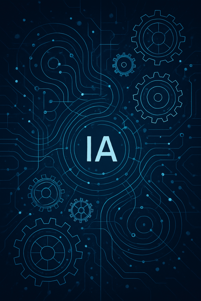 Illustration abstraite de réseaux et d’engrenages symbolisant l’intelligence artificielle et l’automatisation des processus